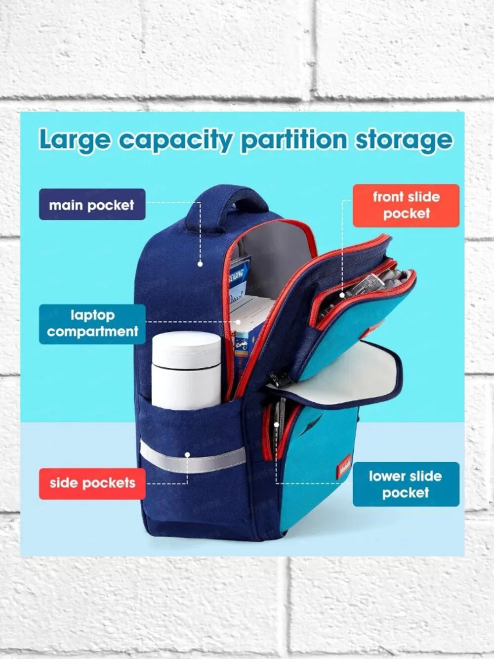 NEW! Bluebabi Color Block Backpack with Bottle Pockets, Padded Back, Chest Strap